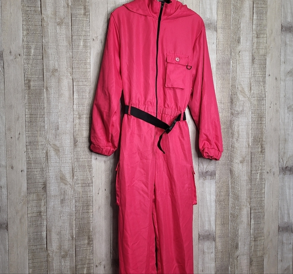 Squid Game Pink Hooded Jumpsuit with Black Belt. Halloween Costume